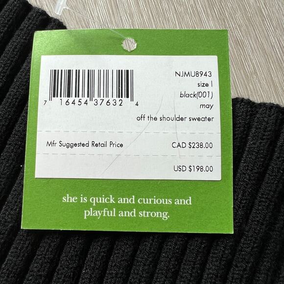 Kate Spade Off The Shoulder Sweater Top Cropped Large Fits Smaller Black Ribbed - Picture 5 of 13